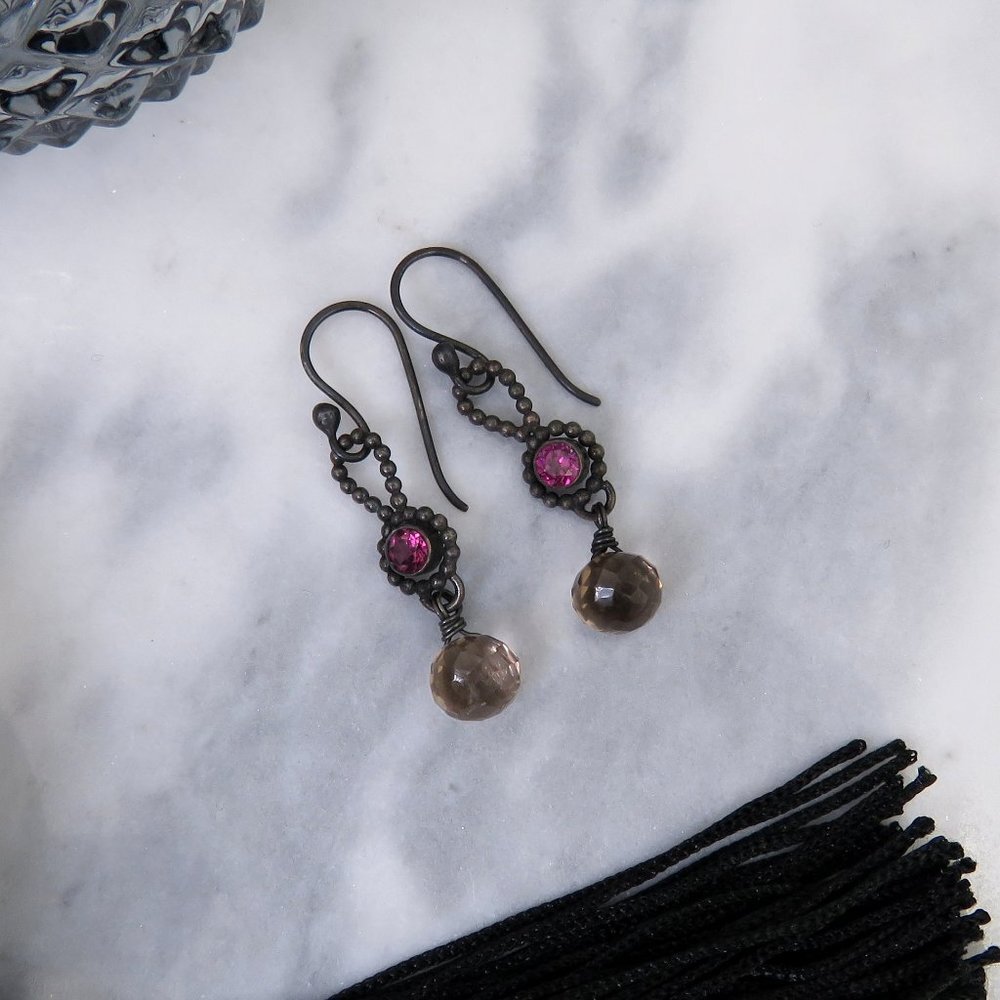 Garnet and Smoky Quartz Silver Earrings - January Birthstone Jewelry Gift